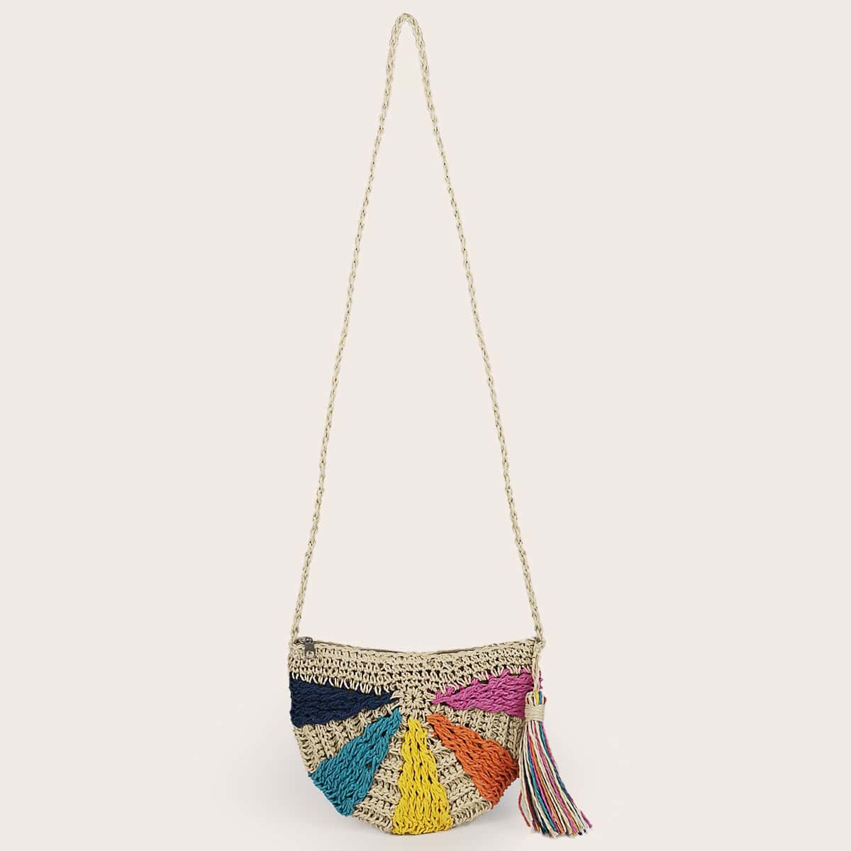 

Tassel Decor Colorblock Braided Crossbody Bag, Multicolor