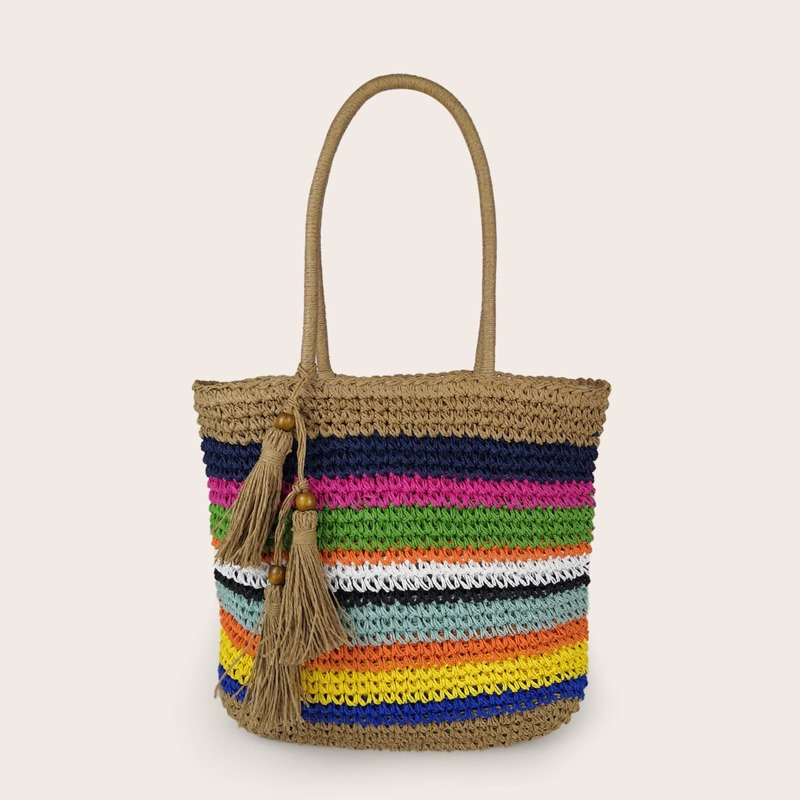 

Tassel Decor Colorblock Braided Tote Bag, Multicolor