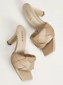 Braided Chunky Heeled Mules - Khaki - View 1