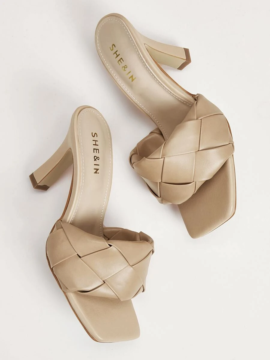 Braided Chunky Heeled Mules - Khaki - View 1