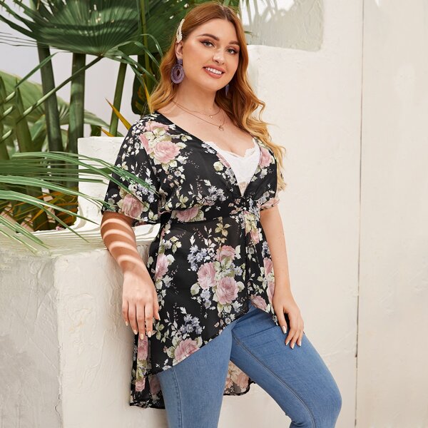 

Plus Floral Print Button Front Dip Hem Blouse Without Cami, Multicolor