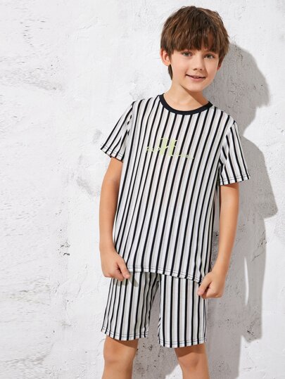 boys letter graphic striped top & shorts pj set