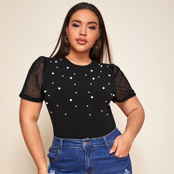 

Plus Sheer Mesh Pearl Beaded Top, Black