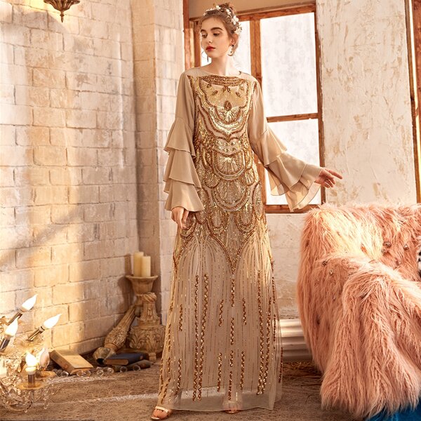 

Layered Sleeve Contrast Sequin Maxi Dress, Khaki