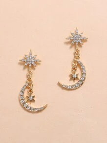 Moon Charm Drop Earrings - Yellow Gold - View 3