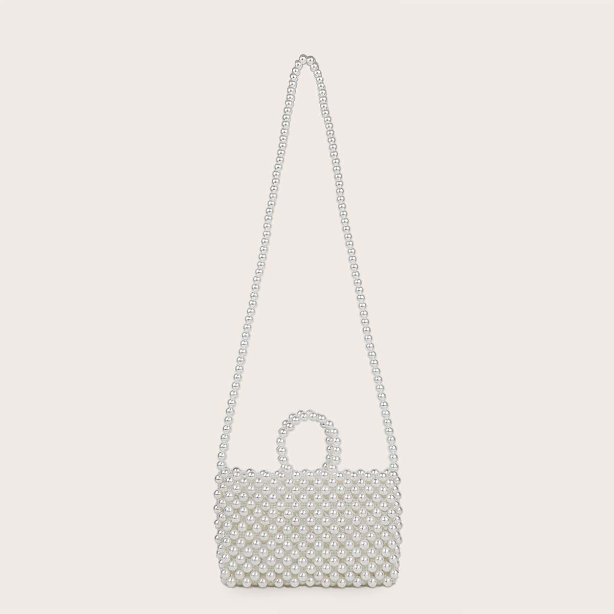 

Allover Faux Pearl Decor Satchel Bag, White