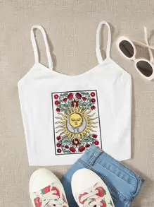 Muchica Floral and Graphic Print Cami Top - White - View 1