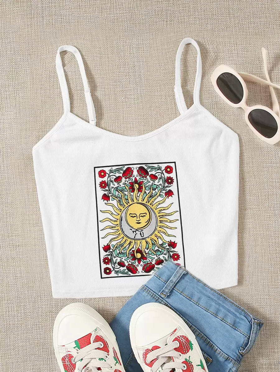 Muchica Floral and Graphic Print Cami Top - White - View 1