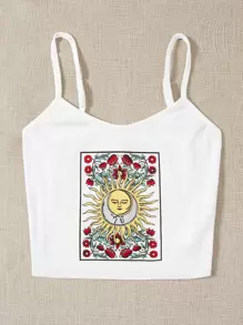 Muchica Floral and Graphic Print Cami Top - White - View 5