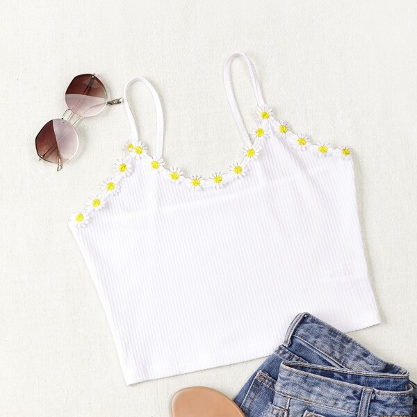 

Daisy Floral Appliques Cami Top, White