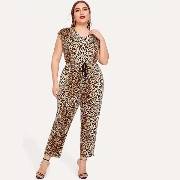 

Plus V-neck Leopard Tie Front Jumpsuit, Multicolor