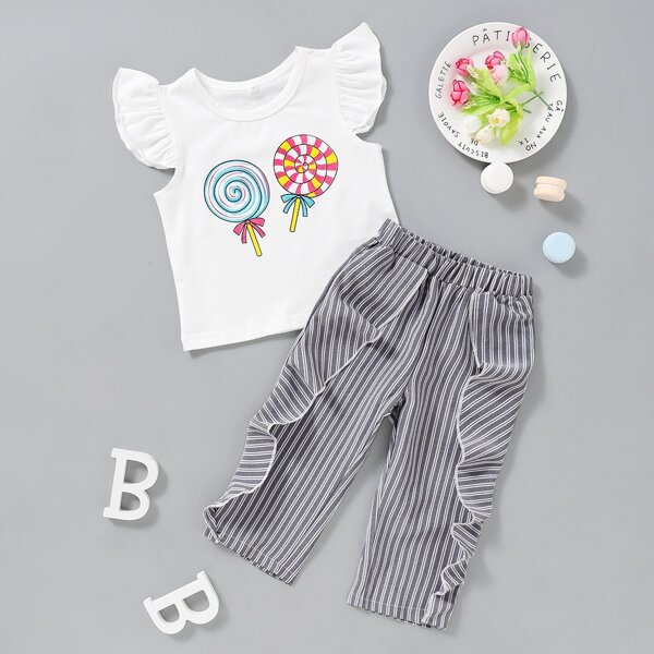 

Toddler Girls Lollipop Print Ruffle Cuff Tee & Striped Pants, Multicolor