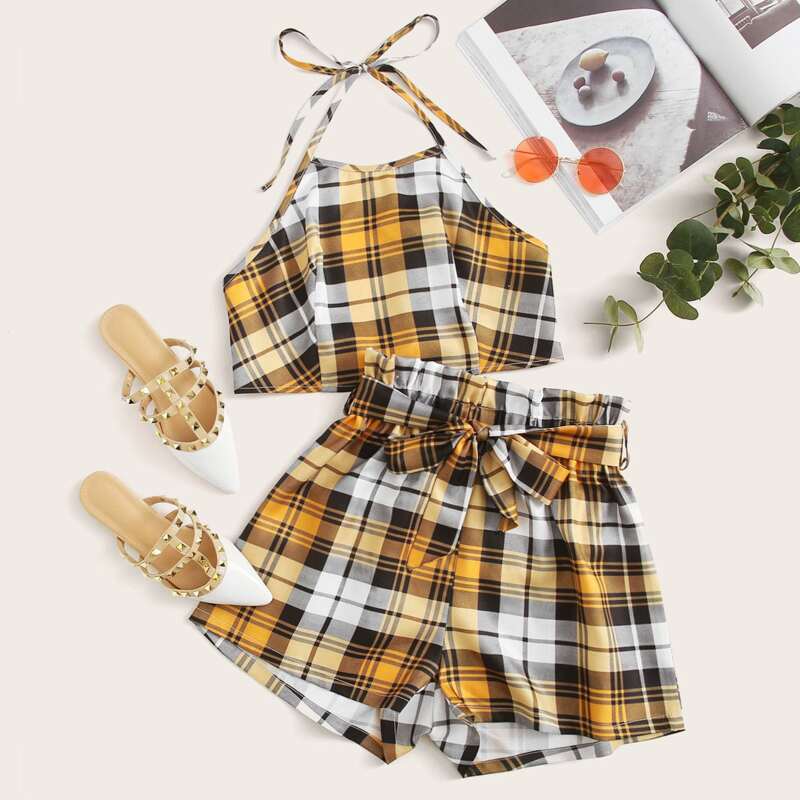 

Plaid Tie Back Halter Top & Belted Paper Bag Waist Shorts, Multicolor