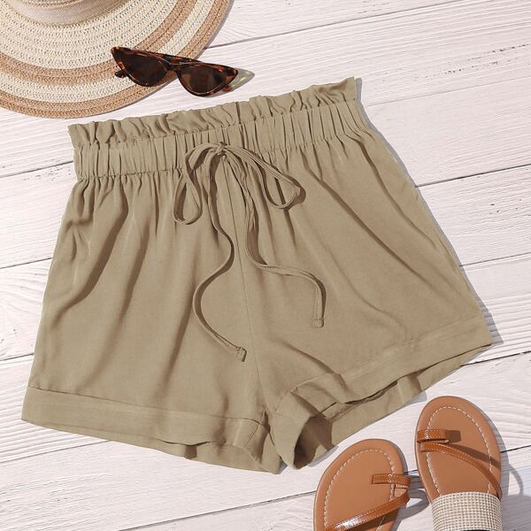

Paperbag Waist Knot Front Solid Shorts, Khaki