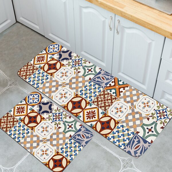 

2pcs Geometric Pattern Kitchen Carpet, Multicolor