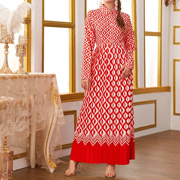 

Geo Print Pleated Shirt Dress, Red