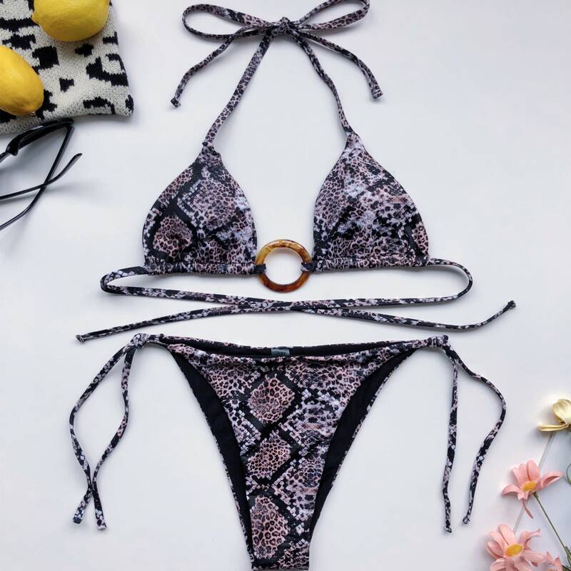 

Snakeskin Ring Linked Triangle Bikini Swimsuit, Multicolor
