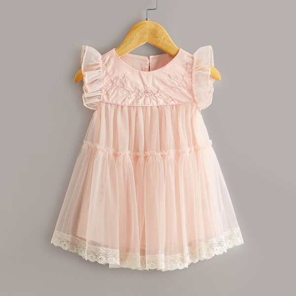 

Toddler Girls Mesh Overlay Embroidery Dress, Pink
