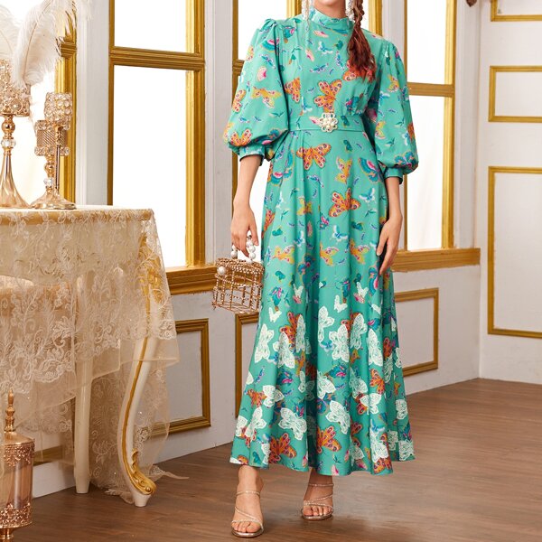 

Butterfly Print Belted Bishop Sleeve Dress, Green