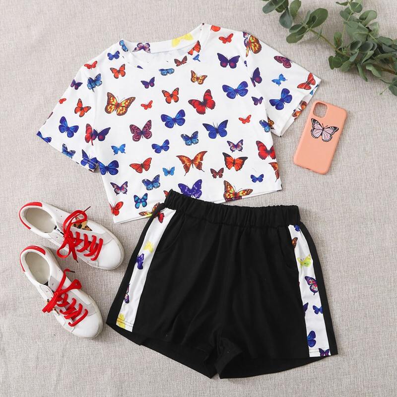 

Random Butterfly Print Tee & Side Panel Track Shorts, Multicolor