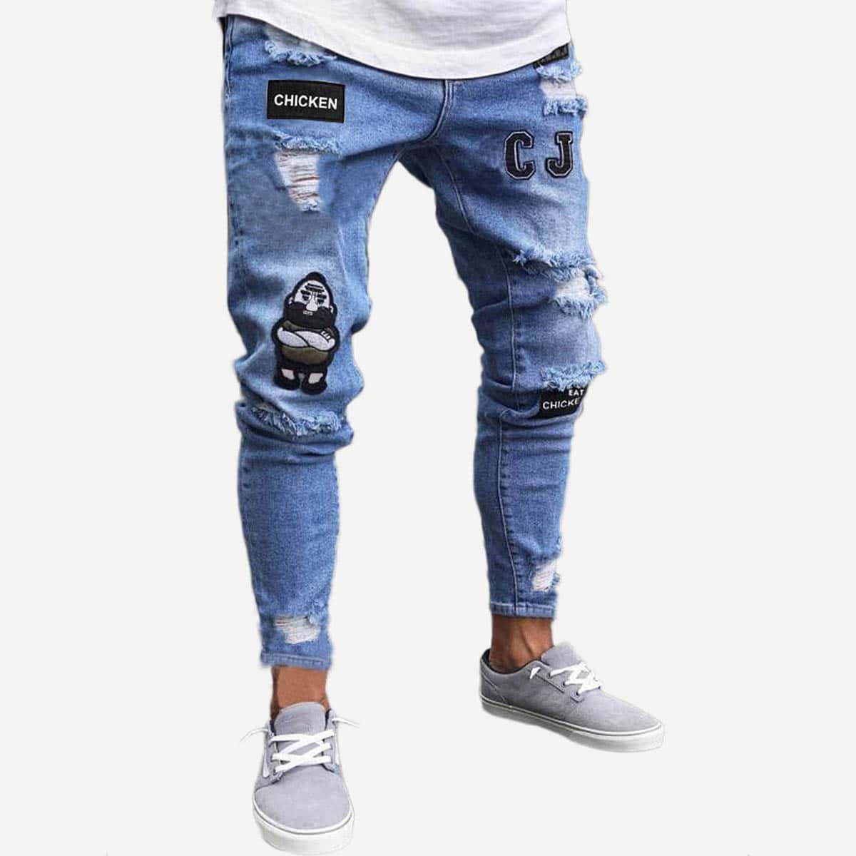 

Guys Letter Pattern Ripped Jeans, Medium wash