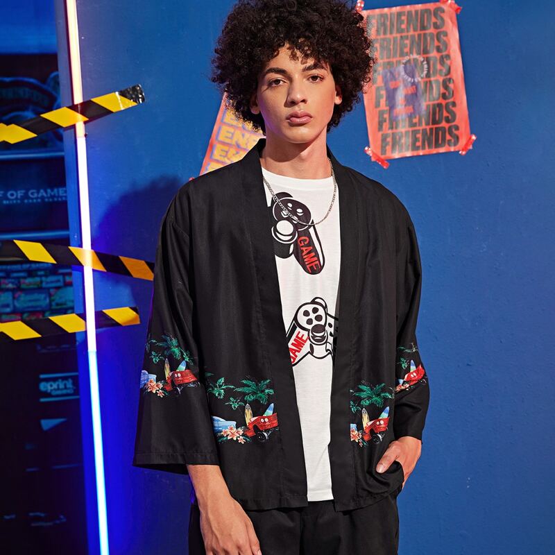 

Guys Car And Coconut Tree Print Kimono, Black