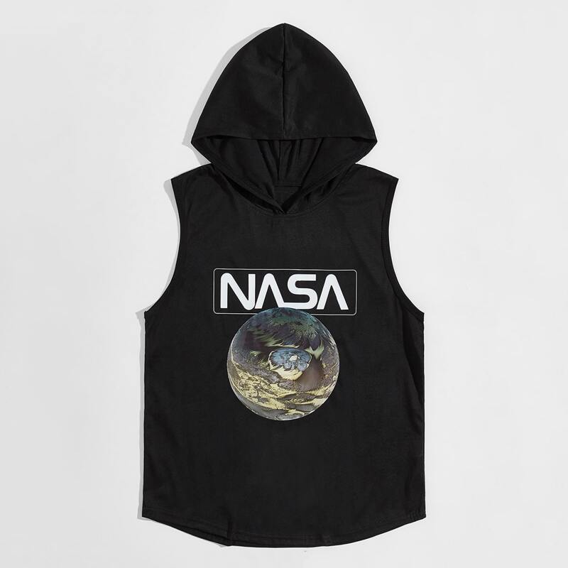 

Guys Planet And Letter Graphic Tank Hoodie, Black
