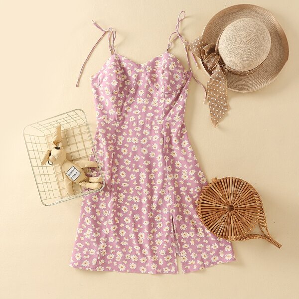 

Split Hem Bustier Daisy Cami Dress, Pink
