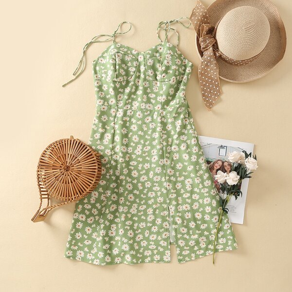 

Split Hem Bustier Daisy Cami Dress, Green