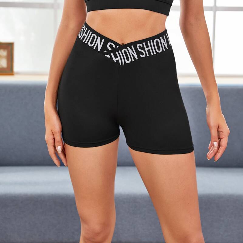 

V Cut Letter Tape Waist Biker Shorts, Black