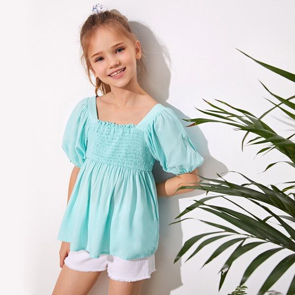 

Girls Puff Sleeve Frill Trim Shirred Peplum Top, Mint blue