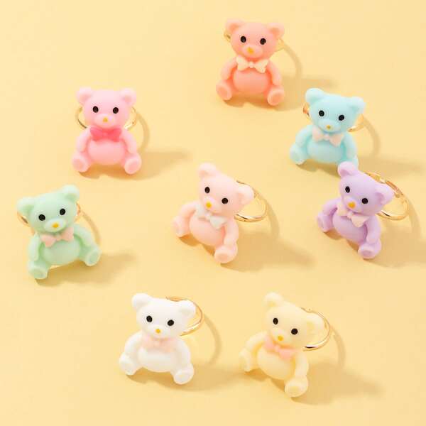 

8pcs Girls Bear Decor Ring, Multicolor