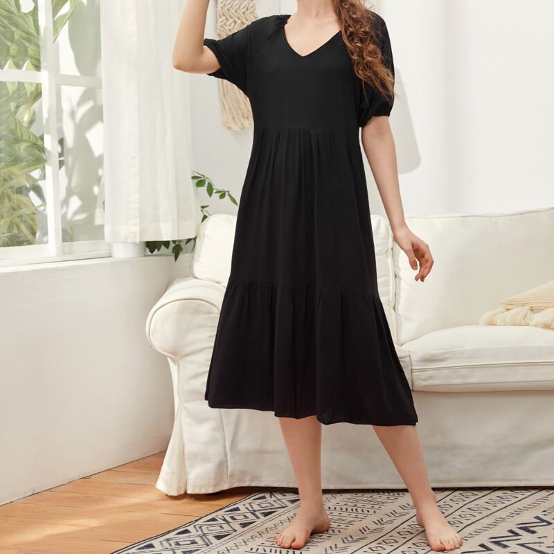 

Puff Sleeve Ruffle Hem Night Dress, Black