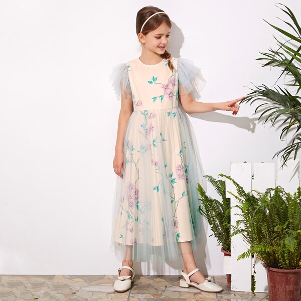 

Girls Flutter Sleeve Floral Print Mesh Overlay Dress, Multicolor