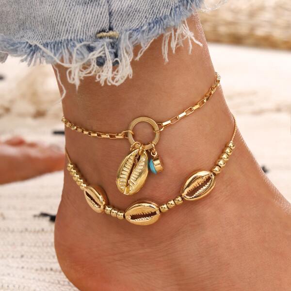 

Shell Charm Layered Anklet, Gold