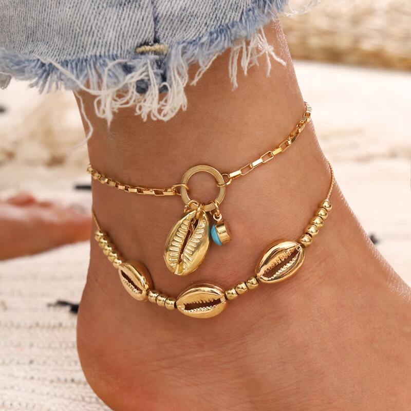 

Shell Charm Layered Anklet, Gold