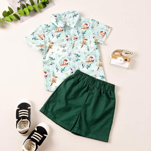 

Toddler Boys Cartoon & Plants Print Shirt With Shorts, Multicolor