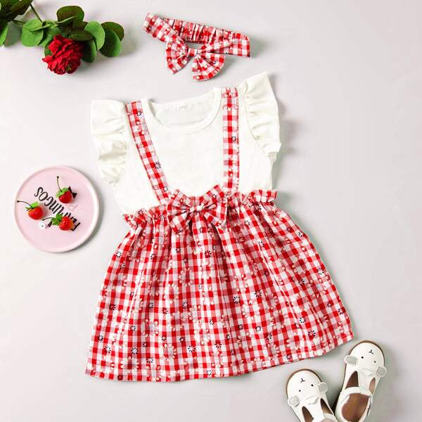 

Toddler Girls Frill Cuff Gingham 2 In 1 Dress, Multicolor