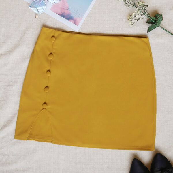

Plus Button Front Straight Skirt, Yellow