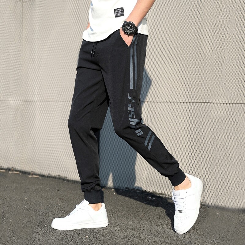 

Guys Letter And Striped Drawstring Waist Sweatpants, Black
