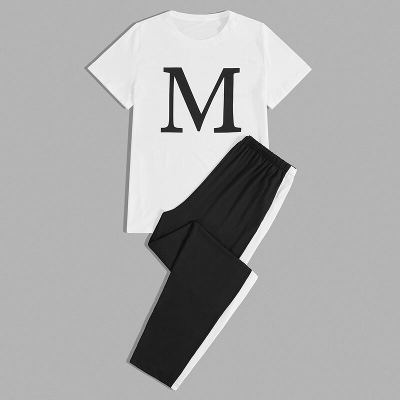 

Guys Letter Graphic Tee & Pants PJ Set, Black and white