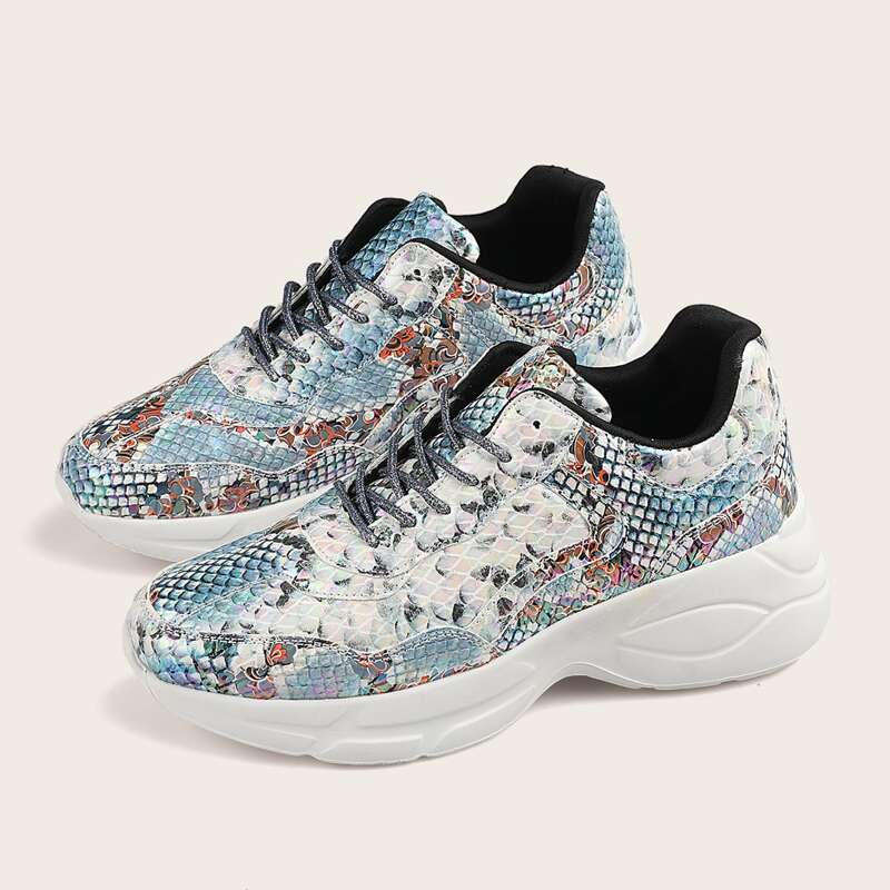 

Snakeskin Print Lace-up Front Chunky Sneakers, Blue