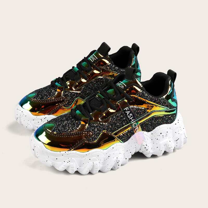 

Glitter Detail Lace-up Front Chunky Sneakers, Green