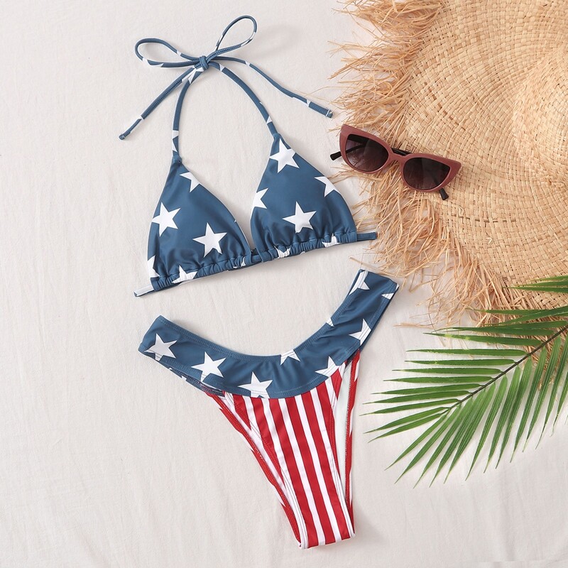 

American Flag Print Triangle Tanga Bikini Swimsuit, Multicolor
