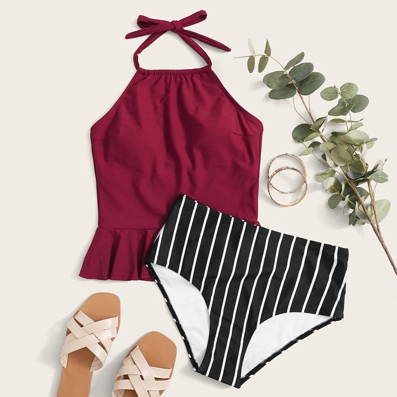 

Striped Ruffle Hem Halter Bikini Swimsuit, Multicolor