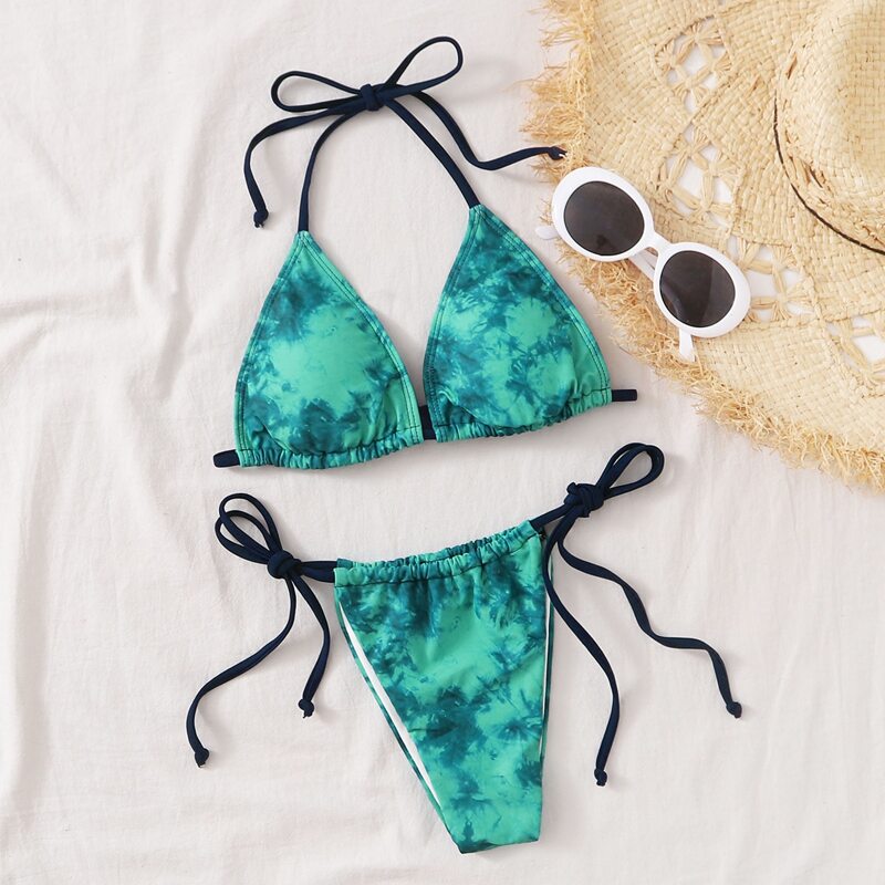 

Tie Dye Triangle Tie Side Bikini Swimsuit, Green