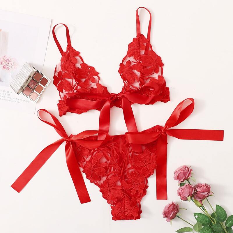 

Embroidered Mesh Tie Side Lingerie Set, Red