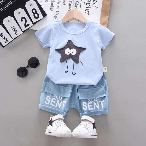

Toddler Boys Star Patched Tee & Letter Graphic Cargo Shorts, Blue