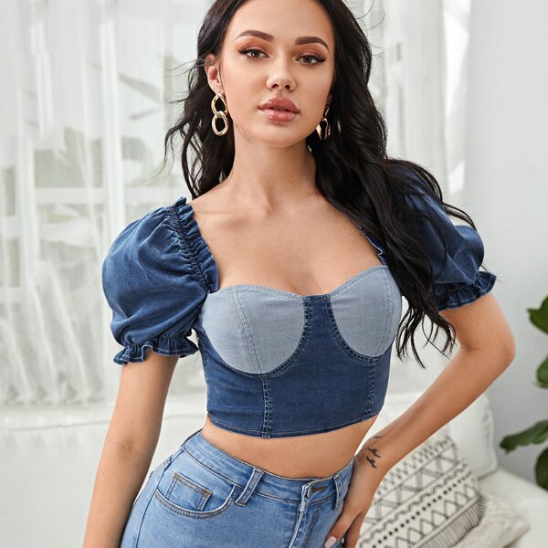 

Frill Trim Two Tone Denim Milkmaid Top, Blue
