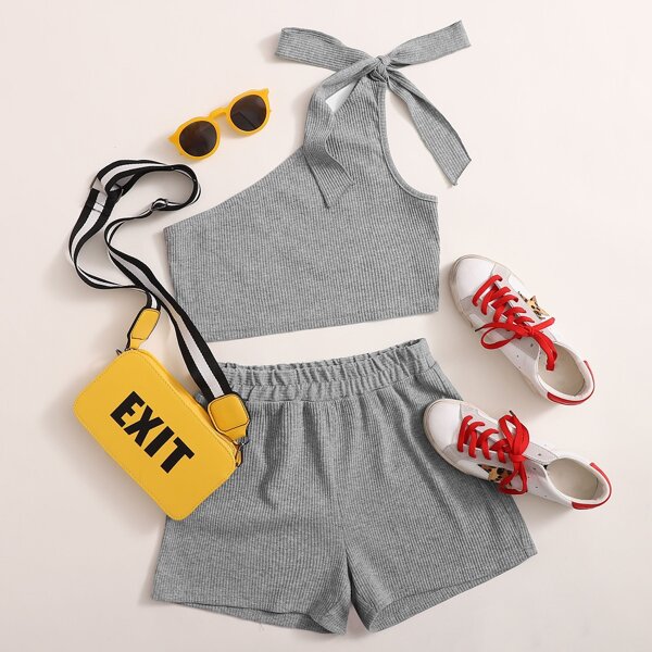

One Shoulder Rib-knit Top With Shorts, Grey